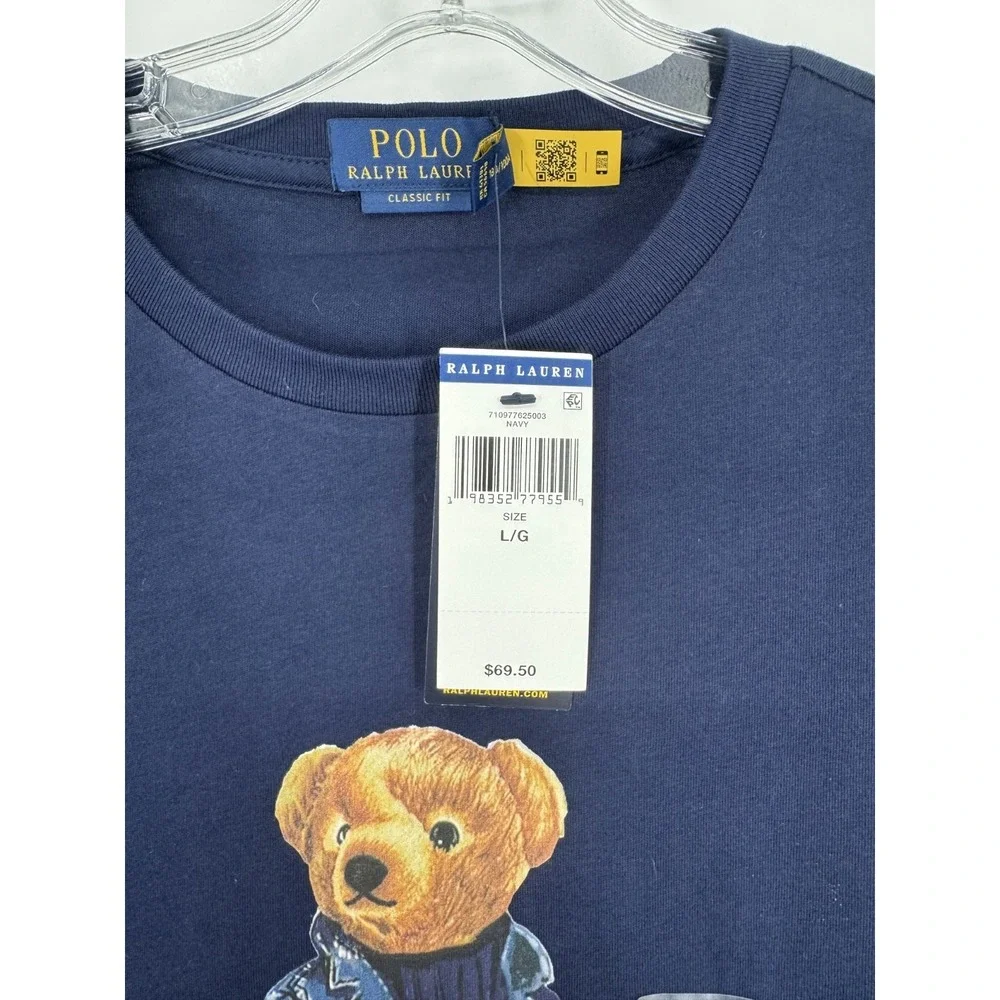 Polo Ralph Lauren Bear Graphic Tee T Shirt Mens Large Navy Blue Short Sleeve